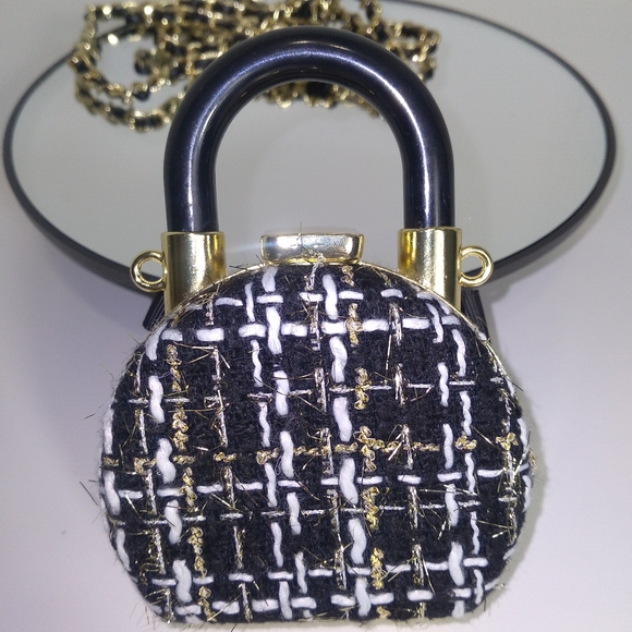 Black & Gold Tweed Rhinestone/Pearl Mini Crossbody Compact Mirror Bag - Picture 5 of 5